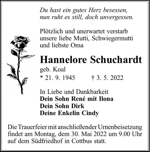 Traueranzeige Hannelore Schuchardt, geb. Koal