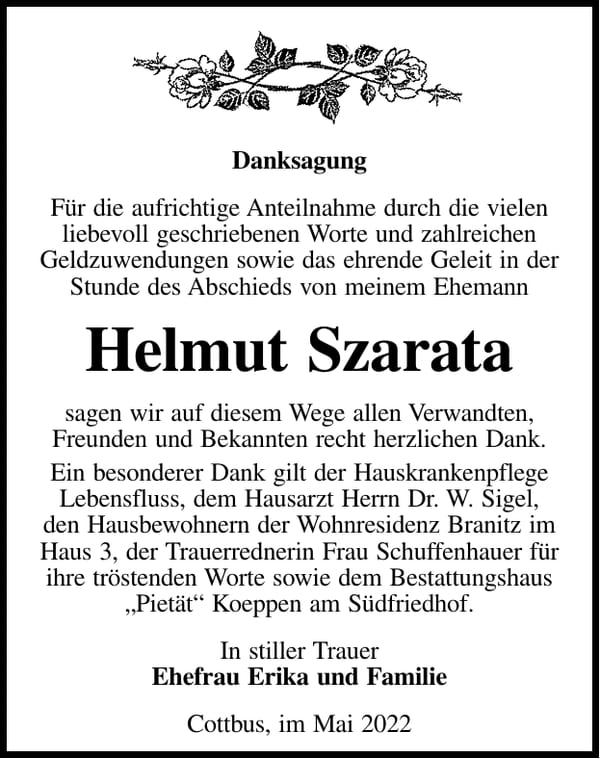 Danksagung Helmut Szarata