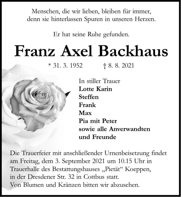 Traueranzeige Franz Axel Backhaus