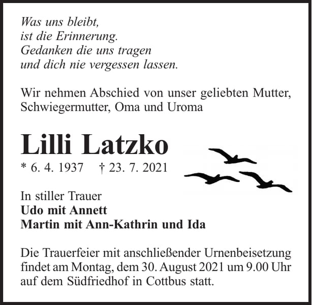 Traueranzeige Lilli Latzko