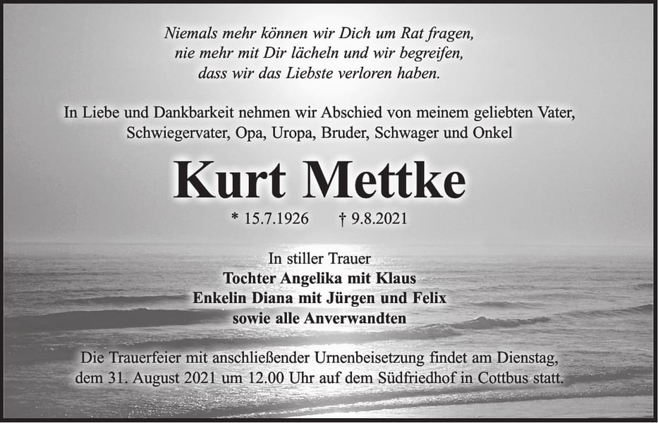 Traueranzeige Kurt Mettke
