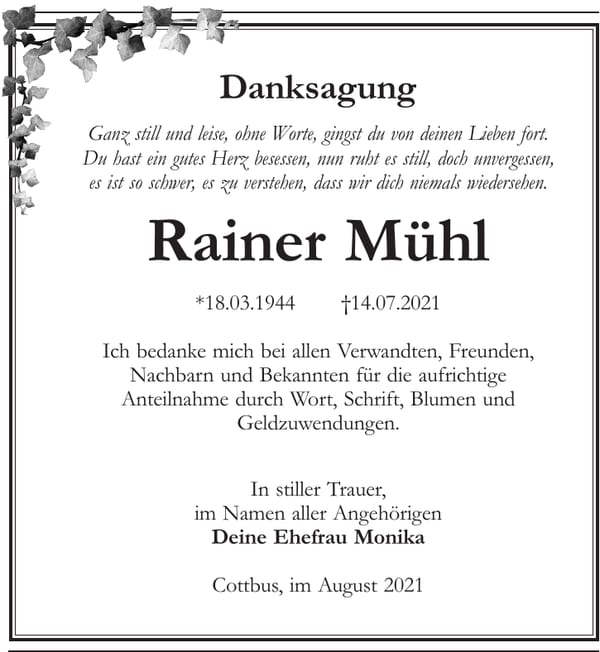 Danksagung Rainer Mühl