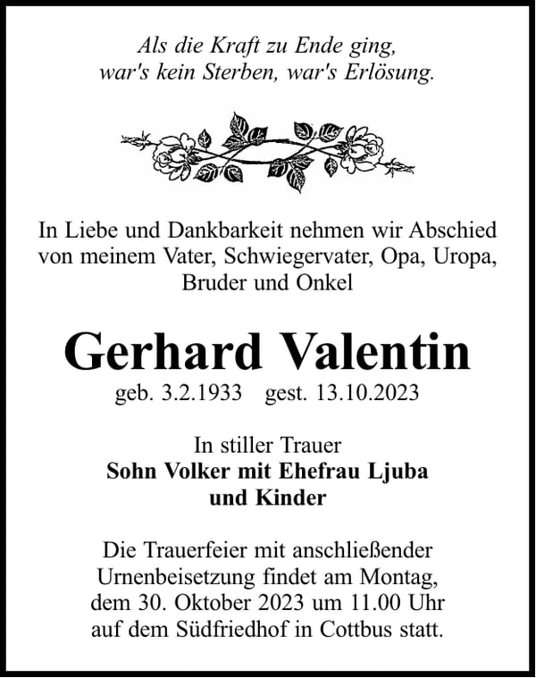 Traueranzeige Gerhard Valentin