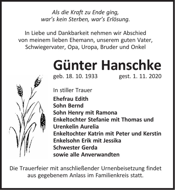 Traueranzeige Günter Hanschke