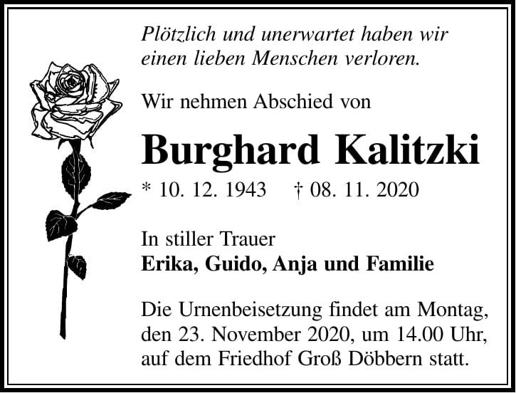 Traueranzeige Burghard Kalitzki