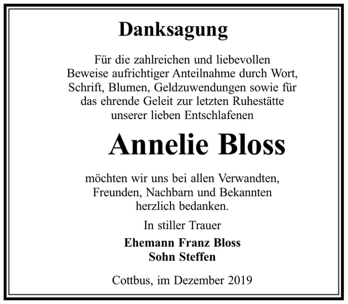 Danksagung Annelie Bloss