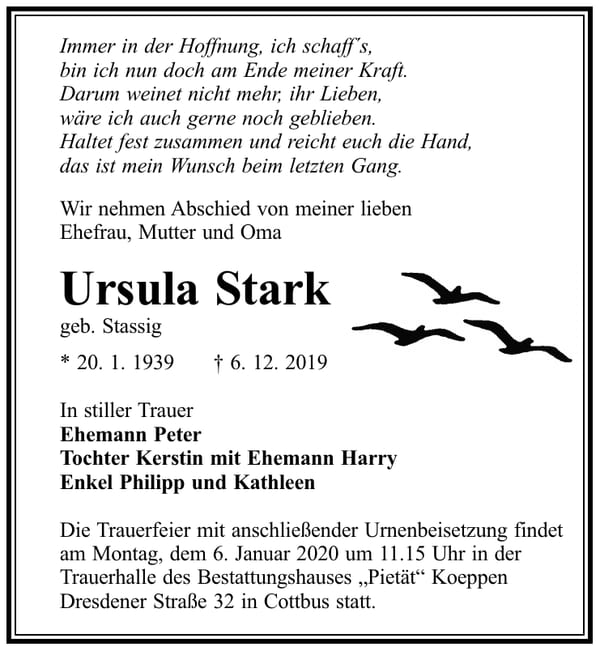 Traueranzeige Ursula Stark, geb. Stassig