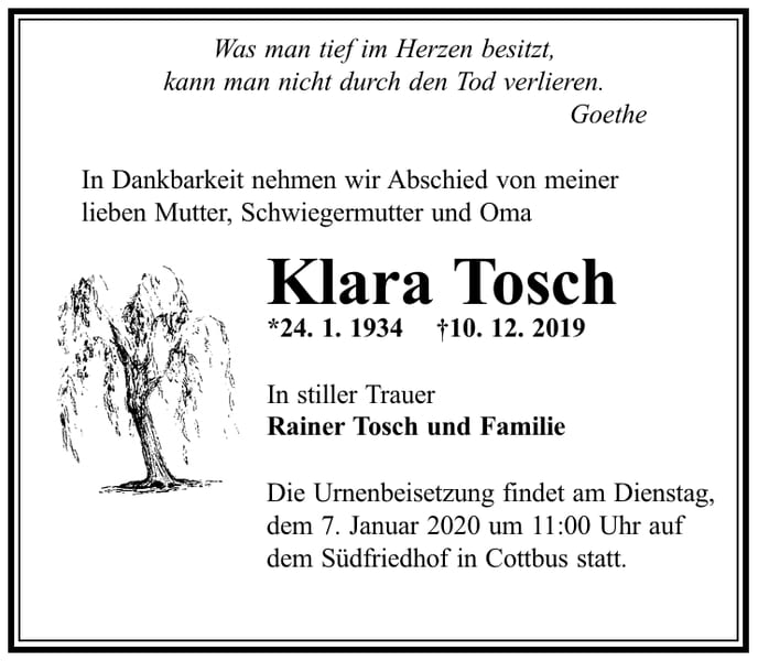 Traueranzeige Klara Tosch
