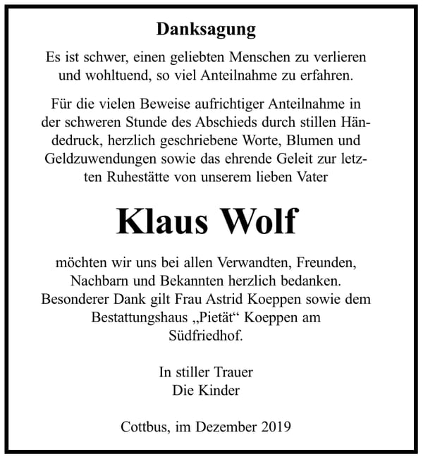 Danksagung Klaus Wolf