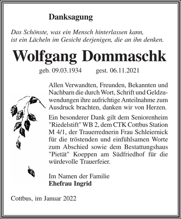 Danksagung Wolfgang Dommaschk