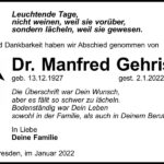 Traueranzeige Dr. Manfred Gehrisch