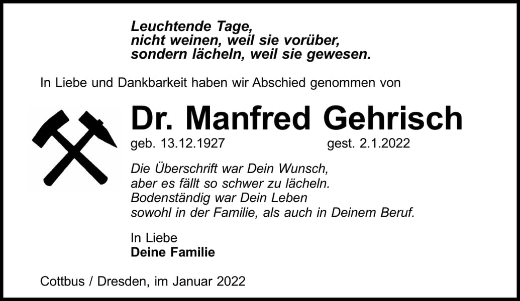 Traueranzeige Dr. Manfred Gehrisch