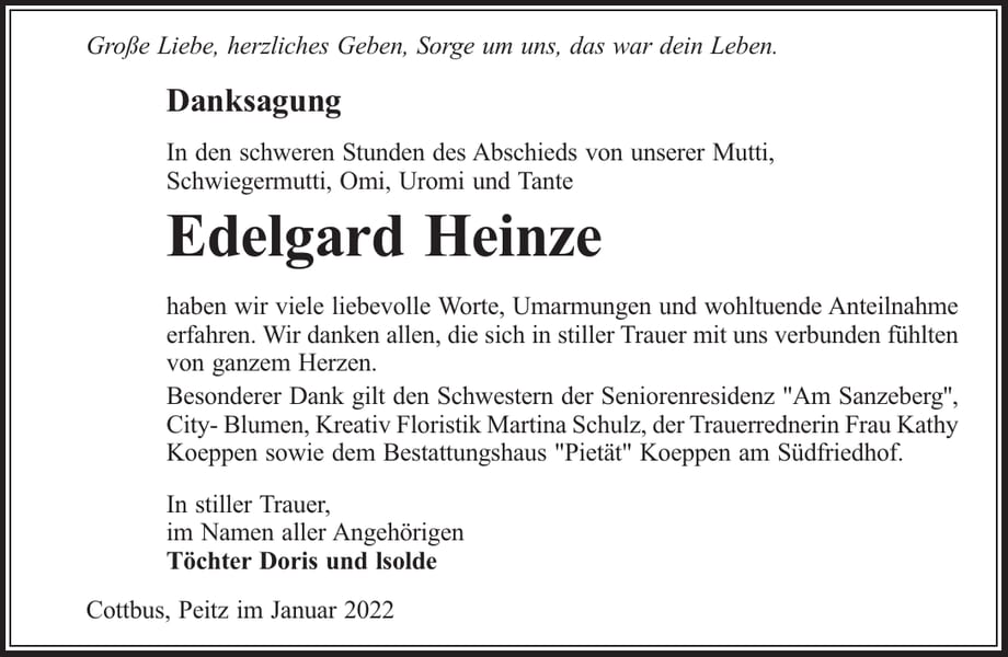 Danksagung Edelgard Heinze