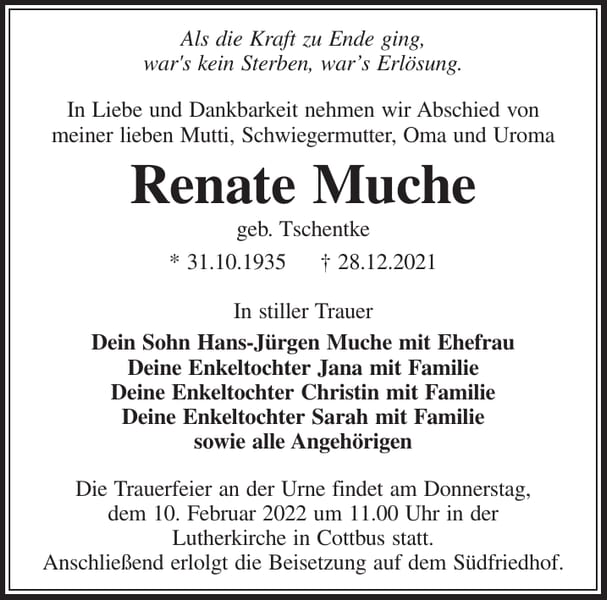 Traueranzeige Renate Muche, geb. Tschentke