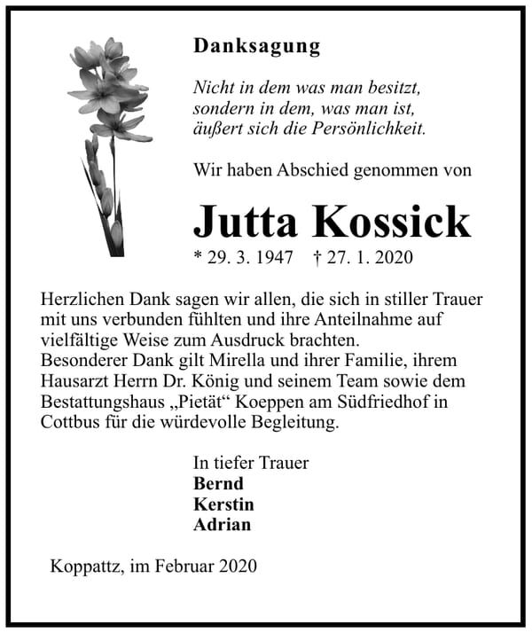 Danksagung Jutta Kossick