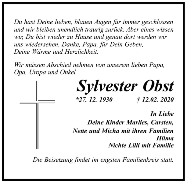 Traueranzeige Sylvester Obst