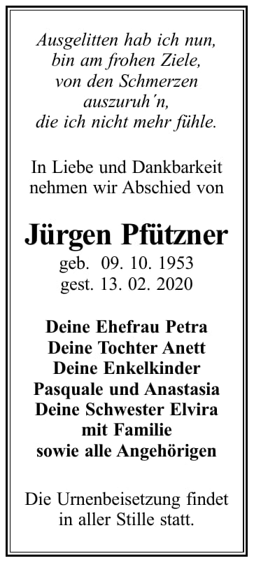 Traueranzeige Jürgen Pfützner