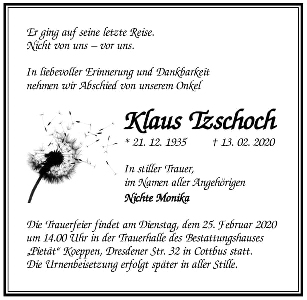 Traueranzeige Klaus Tzschoch