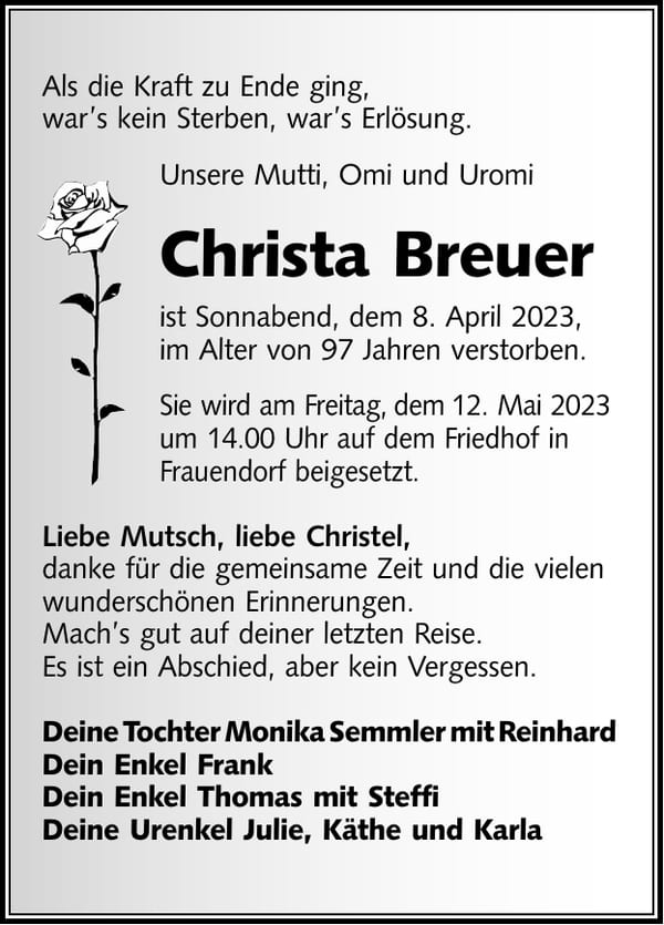 Traueranzeige Christa Breuer