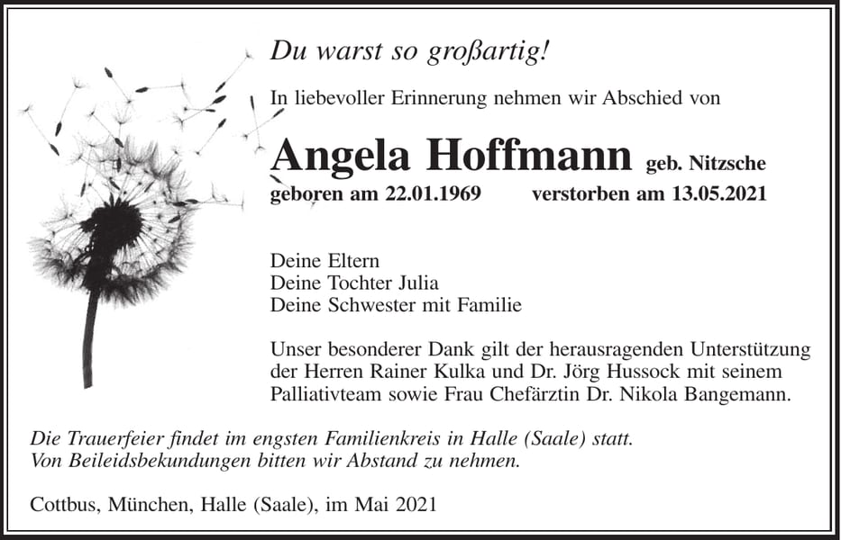 Traueranzeige Angela Hoffmann, geb. Nitzsche