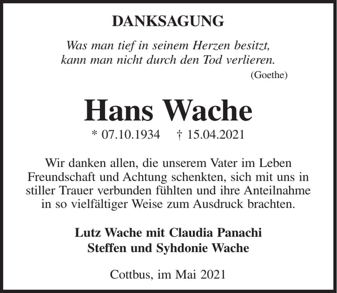 Danksagung Hans Wache