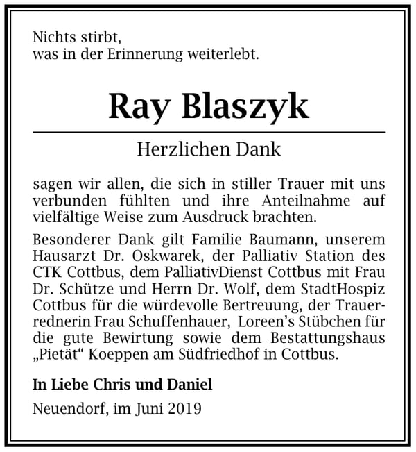 Danksagung Ray Blaszyk