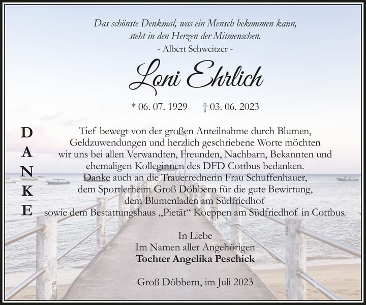 Danksagung Loni Ehrlich
