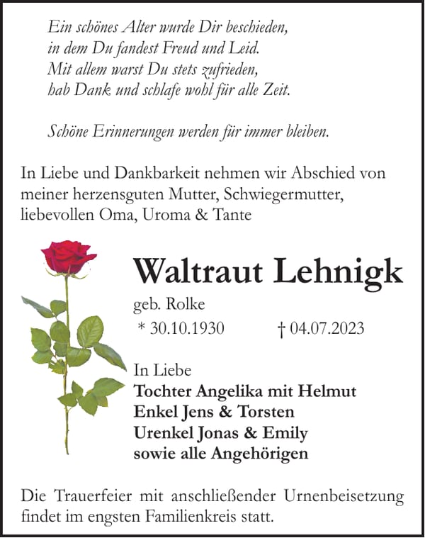 Traueranzeige Waltraut Lehnigk, geb. Rolke