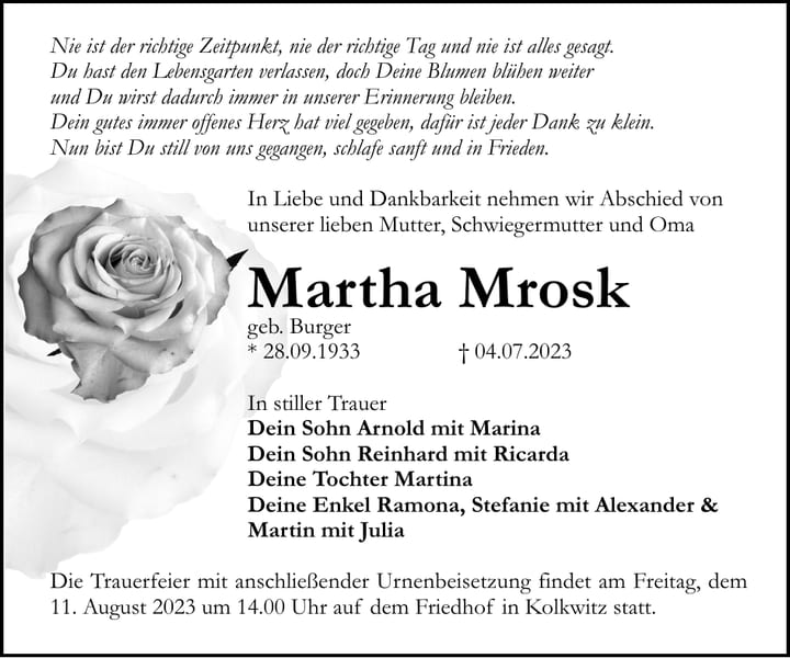 Traueranzeige Martha Mrosk, geb. Burger