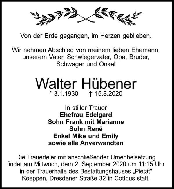 Traueranzeige Walter Hübener