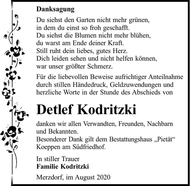 Danksagung Detlef Kodritzki