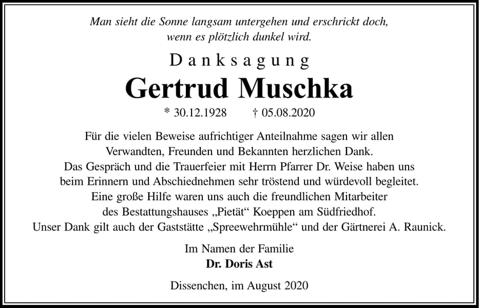 Danksagung Gertrud Muschka