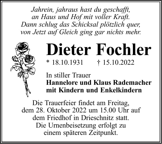 Traueranzeige Dieter Fochler