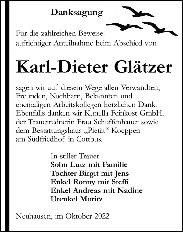 Danksagung Karl-Dieter Glätzer
