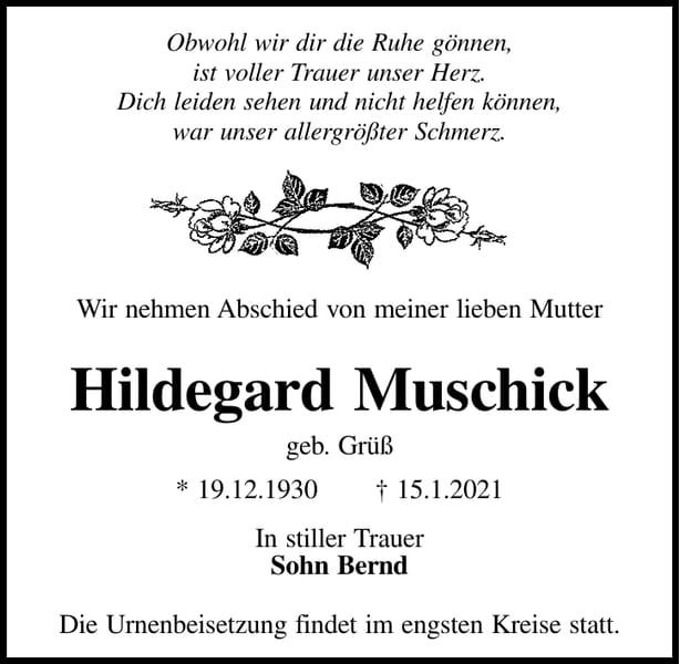 Traueranzeige Hildegard Muschick, geb. Grüß