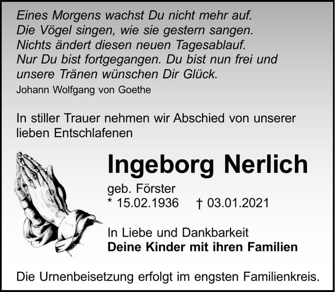 Traueranzeige Ingeborg Nerlich, geb. Förster
