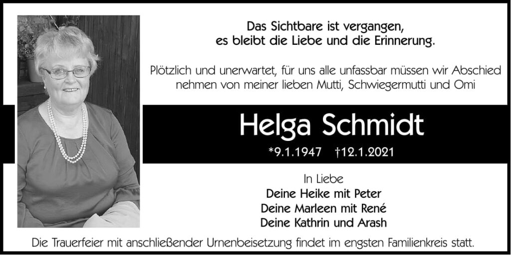 Traueranzeige Helga Schmidt