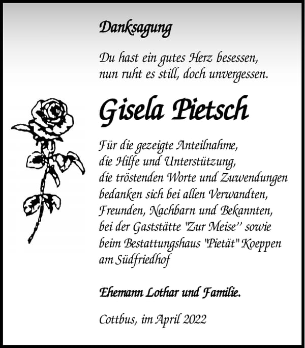 Danksagung Gisela Pietsch