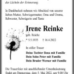 Traueranzeige Irene Reinke, geb. Reiche