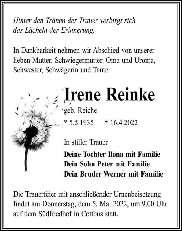 Traueranzeige Irene Reinke, geb. Reiche
