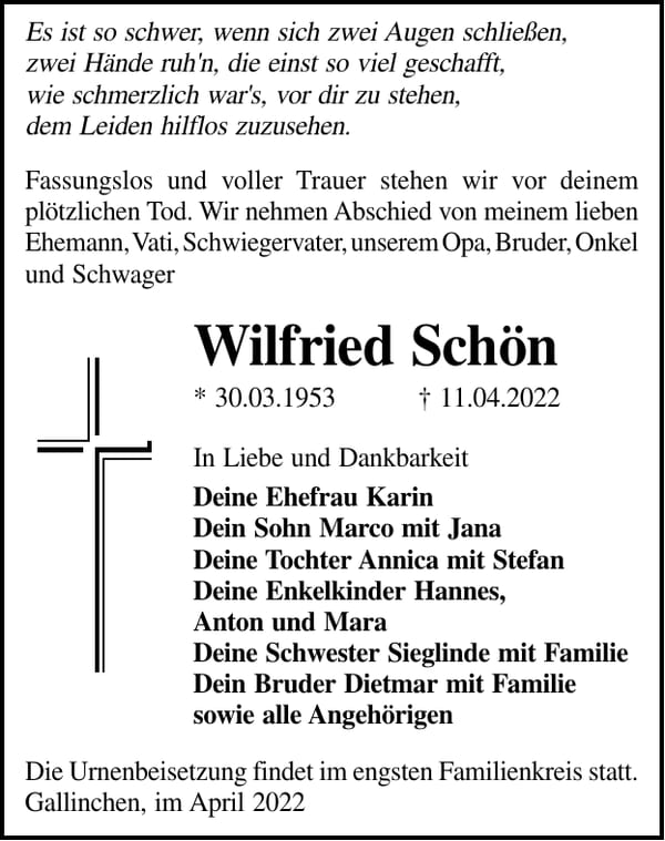 Traueranzeige Wilfried Schön