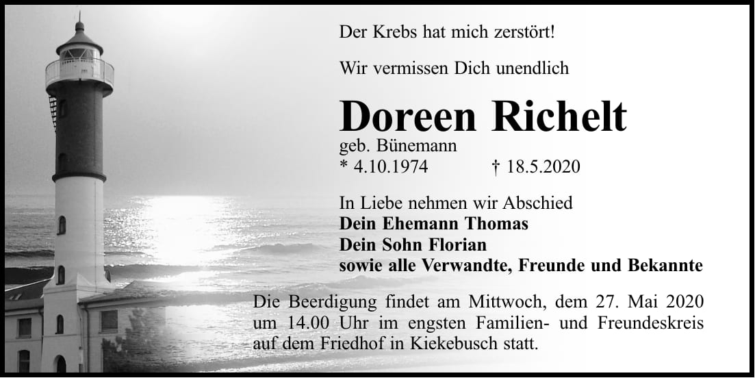 Traueranzeige Doreen Richelt, geb. Bünemann