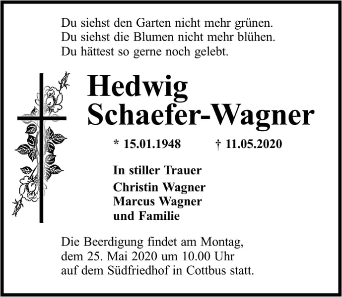 Traueranzeige Hedwig Schaefer-Wagner
