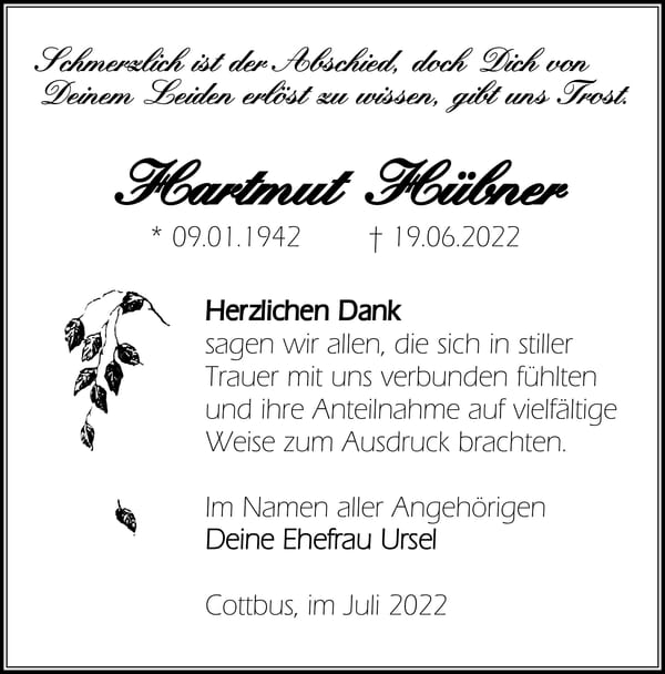 Danksagung Hartmut Hübner