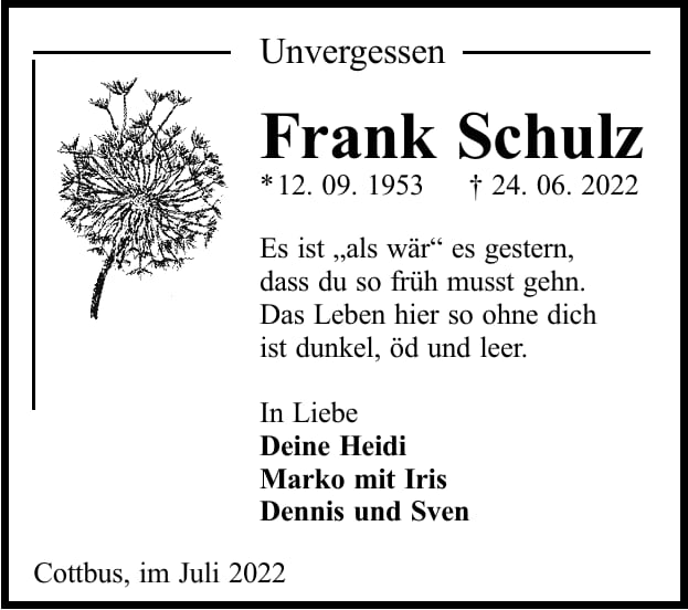 Traueranzeige Frank Schulz