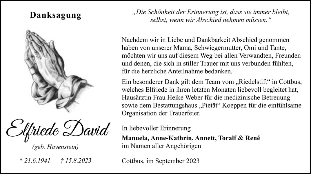 Danksagung Elfriede David, geb. Havenstein