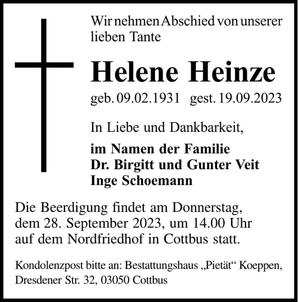 Traueranzeige Helene Heinze