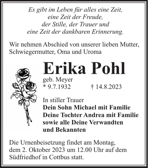 Traueranzeige Erika Pohl, geb. Meyer