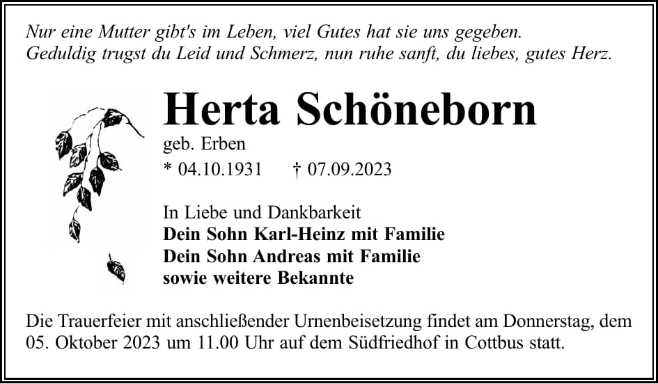 Traueranzeige Herta Schöneborn, geb. Erben
