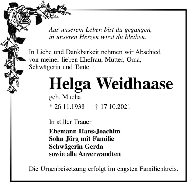 Traueranzeige Helga Weidhaase, geb. Mucha